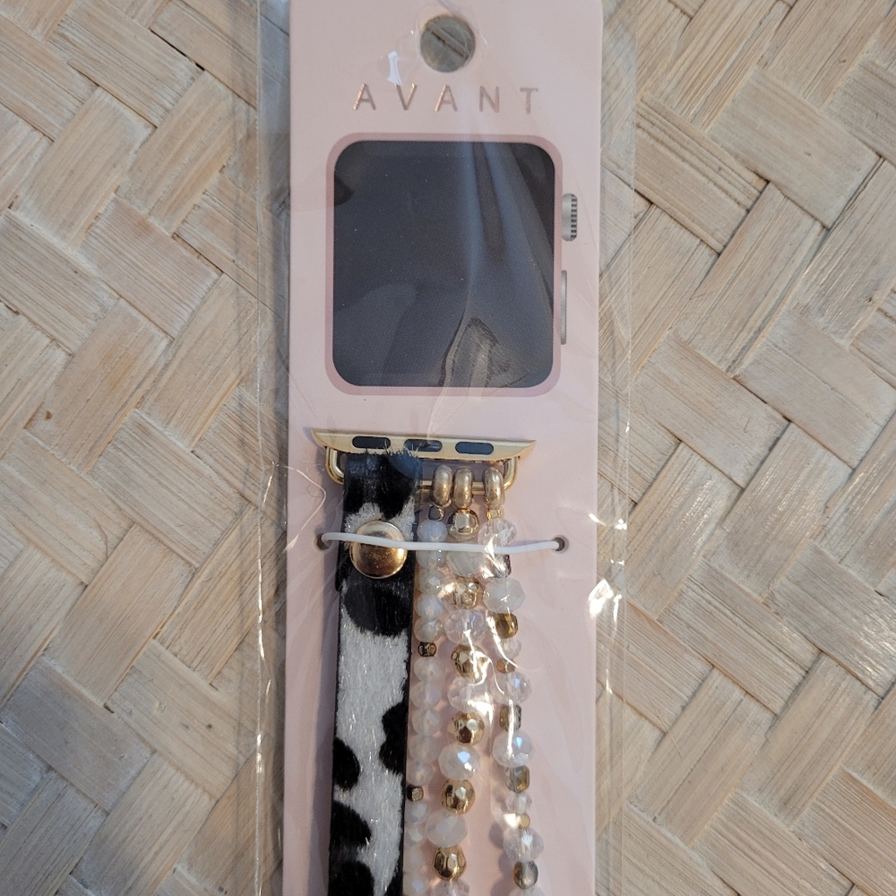 Apple Watch Band Cow Print with white and gold beads Size 38-40mm
